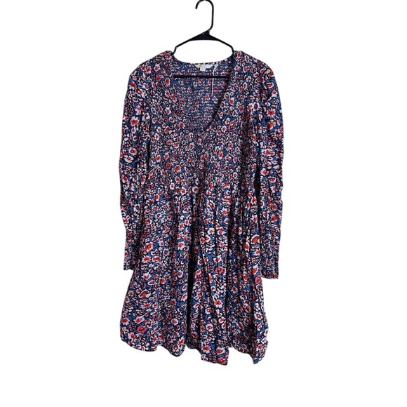 Boden Dress Womens 16/18 Long Navy Red Floral Smocked Fit & Flare Midi - Picture 2 of 9
